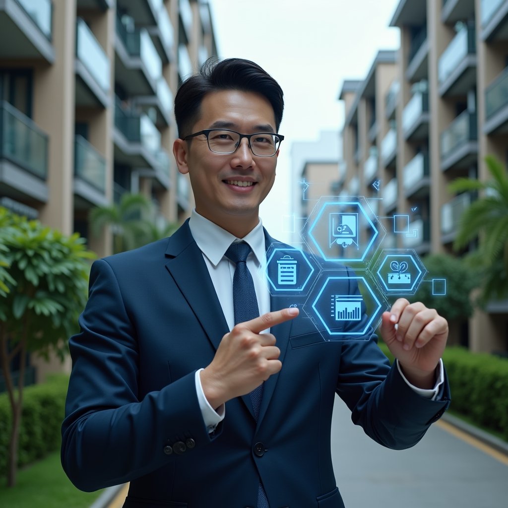Ultra-realistic condominium property manager in a navy suit, set in a modern luxury condominium environment with high-rise buildings and meticulously landscaped gardens, standing in a medium shot, confidently pointing at a transparent holographic dashboard displaying security icons, cost savings graphs, and efficiency metrics, cinematic lighting, shallow depth of field, highly detailed textures, realistic skin, photographic realism, 8k resolution --ar 1:1 --v 6