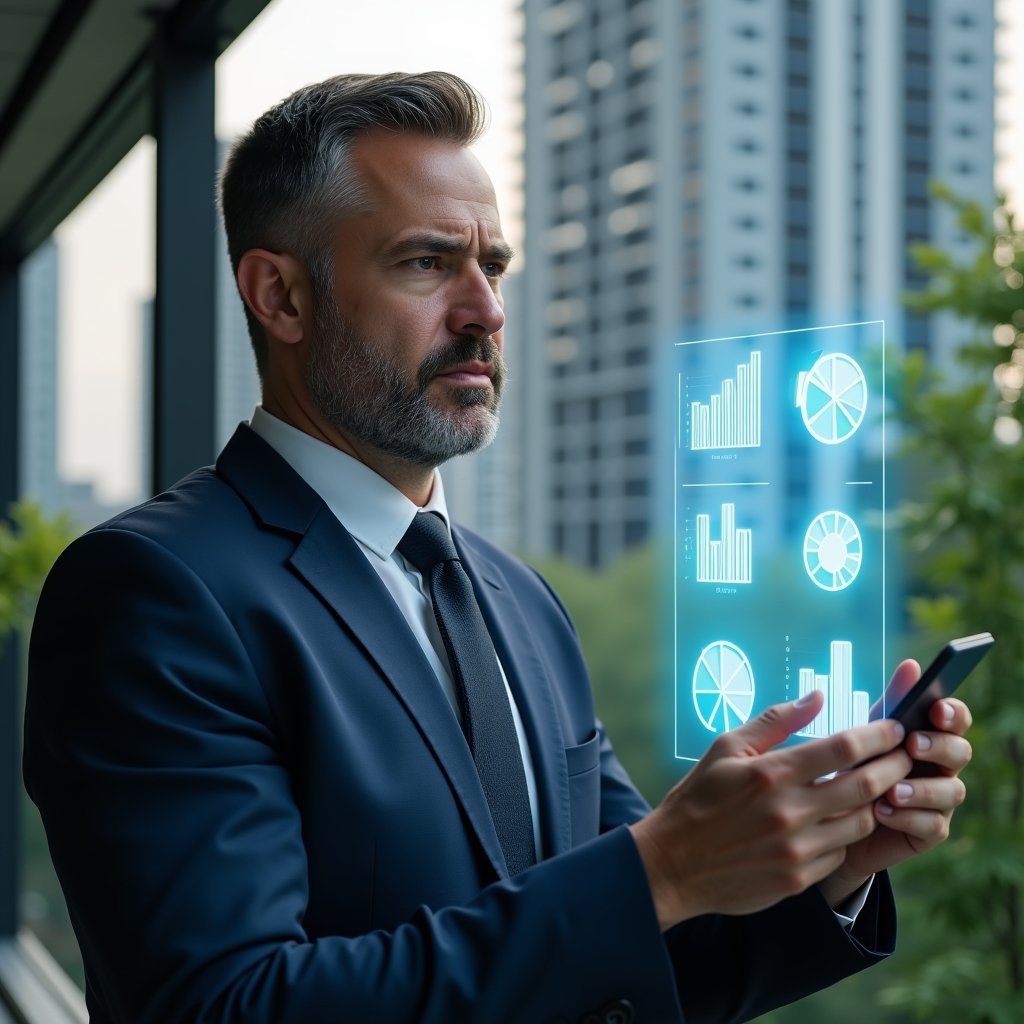 Ultra-realistic condominium manager in a navy suit, set in a modern luxury condominium environment with high-rise buildings and lush green landscaping, close-up analyzing a holographic financial chart projection with floating budget graphs and pie charts symbolizing expense organization, confident and focused expression, cinematic lighting, shallow depth of field, highly detailed textures, realistic skin, photographic realism, 8k resolution --ar 1:1 --v 6