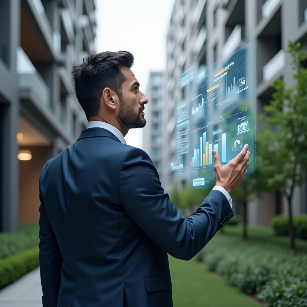 Ultra-realistic condominium manager in a tailored dark blue suit, set in a modern luxury condominium environment with high-rise buildings and manicured green landscaping, standing in a medium shot as they interact with floating holographic financial charts and graphs representing key performance indicators, expression focused and confident, cinematic lighting, shallow depth of field, highly detailed textures, realistic skin, photographic realism, 8k resolution --ar 1:1 --v 6