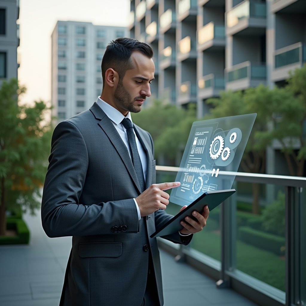 Ultra-realistic condominium manager in a charcoal gray suit, set in a modern luxury condominium environment with high-rise buildings and lush green landscaping, reviewing a digital tablet with a maintenance checklist displayed as holographic gears and wrench icons, confidently pointing at a specific task, cinematic lighting, shallow depth of field, highly detailed textures, realistic skin, photographic realism, 8k resolution --ar 1:1 --v 6