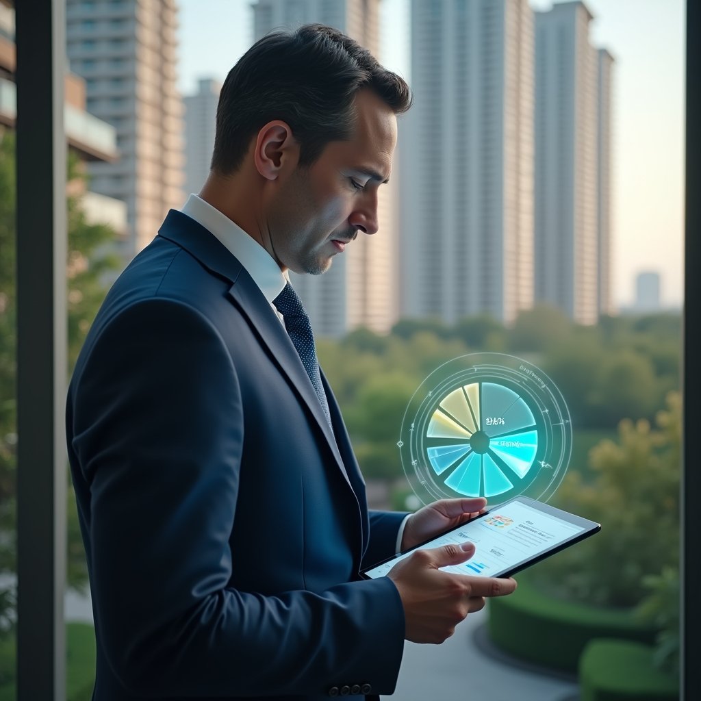 Ultra-realistic condominium manager in a tailored navy suit, set in a modern luxury condominium environment with high-rise buildings and manicured green landscaping, mid-shot of the manager thoughtfully examining a holographic pie chart and percentage overlay floating above a tablet—symbolizing ideal fraction recalculations—cinematic lighting, shallow depth of field, highly detailed textures, realistic skin, photographic realism, 8k resolution --ar 1:1 --v 6