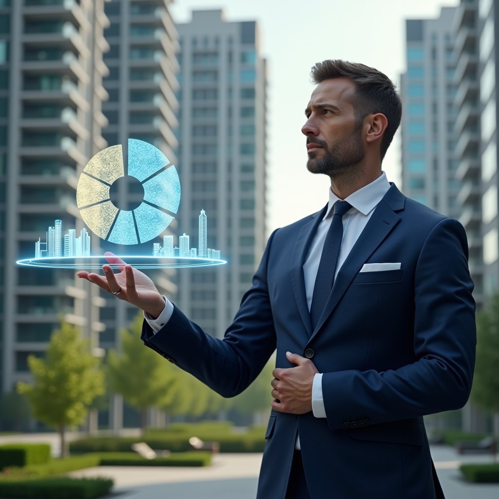 (Ultra-realistic condominium manager in a navy blue executive suit, set in a modern luxury condominium environment with high-rise buildings and manicured green landscaping, standing in a medium shot with a confident, analytical expression as they gesture toward a floating holographic pie chart representing fractional ownership, holographic building icons divided into colored segments illustrating cost division and legal share, cinematic lighting, shallow depth of field, highly detailed textures, realistic skin, photographic realism, 8k resolution --ar 1:1 --v 6)