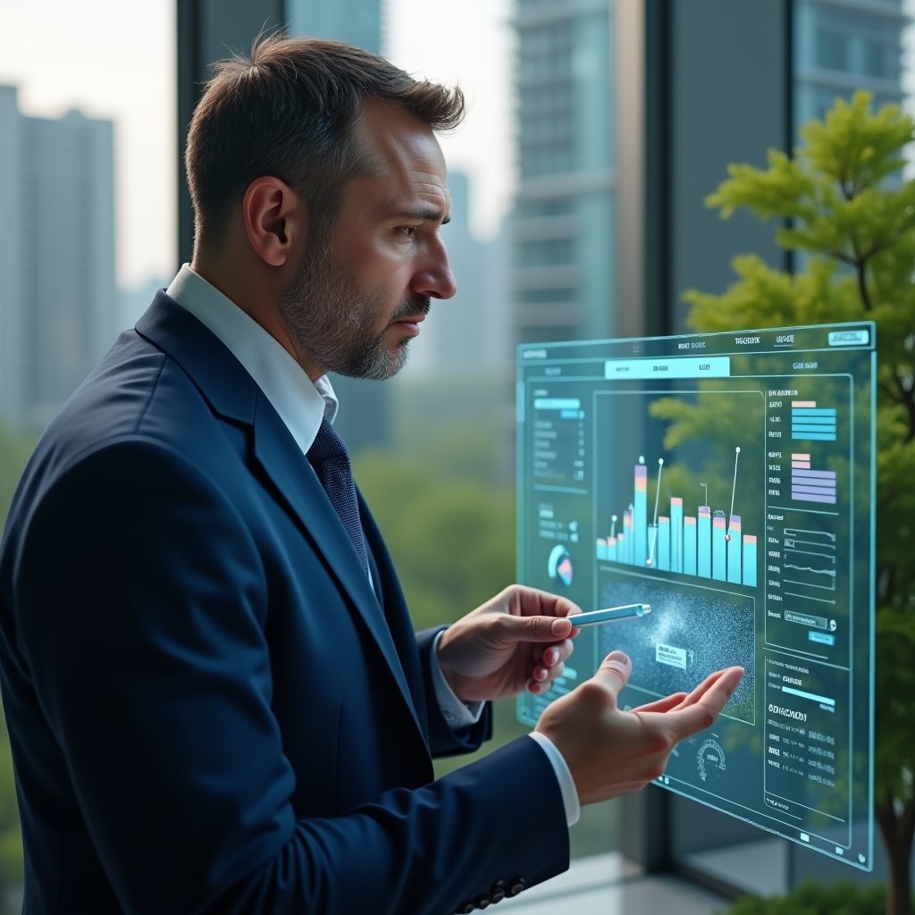 (Ultra-realistic condominium manager in a navy executive suit, set in a modern luxury condominium environment with high-rise buildings and lush green landscaping, close-up of the manager examining a holographic dashboard displaying financial charts, maintenance schedules and notification icons, focused and confident expression, cinematic lighting, shallow depth of field, highly detailed textures, realistic skin, photographic realism, 8k resolution --ar 1:1 --v 6)