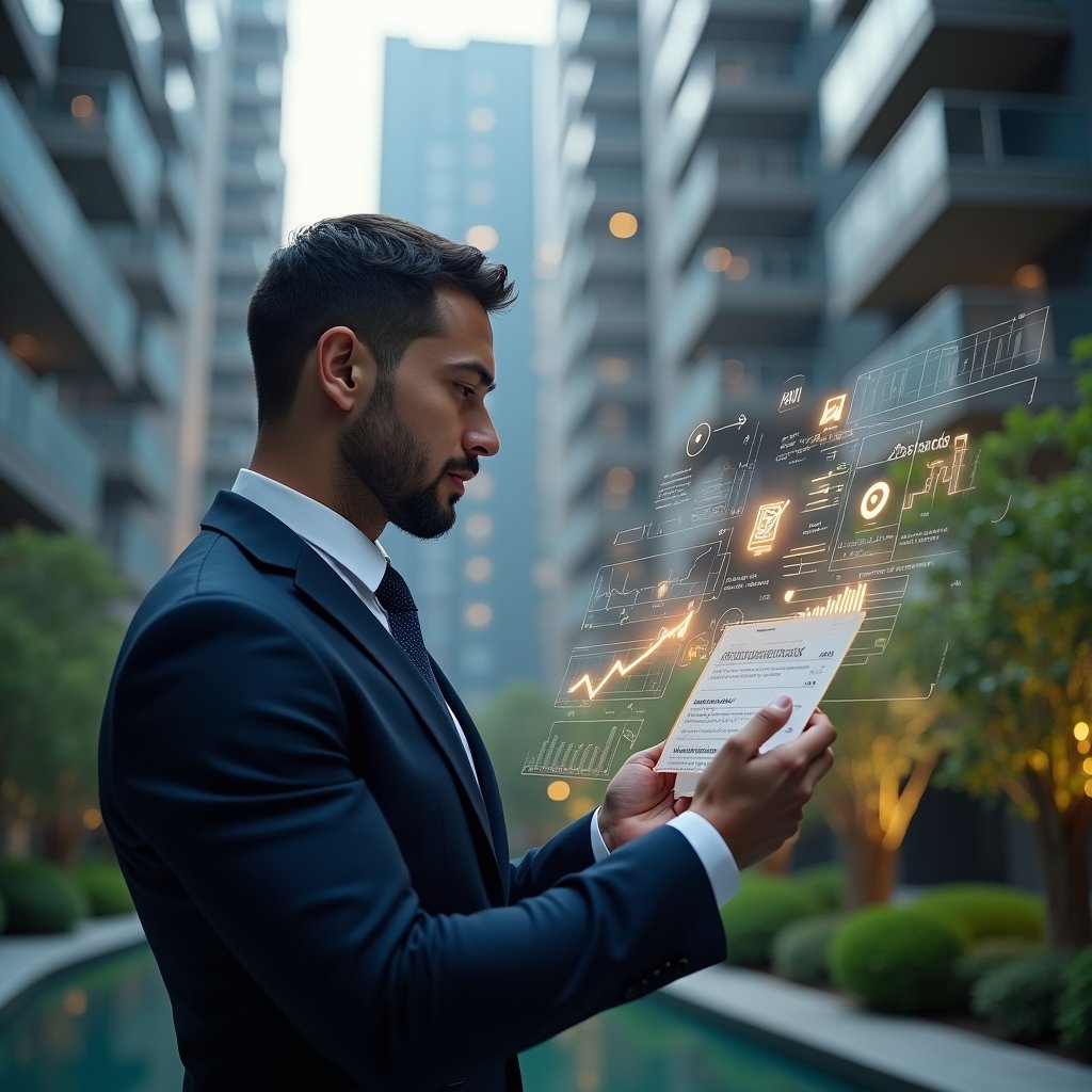 Ultra-realistic condominium manager in a navy suit, set in a modern luxury condominium environment with high-rise buildings and meticulously landscaped greenery, reviewing a floating holographic financial report with glowing icons of graphs, checkmarks and warning symbols, confident and focused expression, cinematic lighting, shallow depth of field, highly detailed textures, realistic skin, photographic realism, 8k resolution --ar 1:1 --v 6
