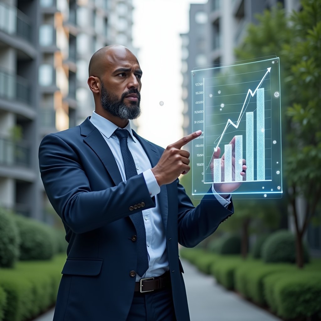 (Ultra-realistic condominium manager in a navy blue tailored suit, set in a modern luxury condominium environment with high-rise buildings and green landscaping, holding a transparent holographic budget chart and pointing at a rising graph to symbolize expense control, confident and focused expression, holographic icons of coins and reserve fund floating nearby, cinematic lighting, shallow depth of field, highly detailed textures, realistic skin, photographic realism, 8k resolution --ar 1:1 --v 6)