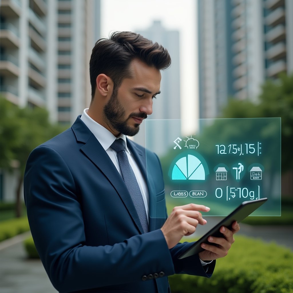 (Ultra-realistic condominium manager in a navy executive suit, set in a modern luxury condominium environment with high-rise buildings and manicured green landscaping, examining a holographic pie chart representing unit fractional shares while holding a tablet displaying a budget breakdown, thoughtful and confident expression, cinematic lighting, shallow depth of field, highly detailed textures, realistic skin, photographic realism, 8k resolution --ar 1:1 --v 6)