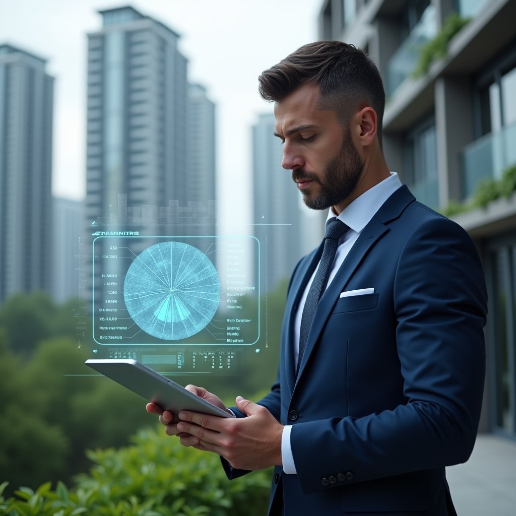 Ultra-realistic condominium manager in a navy-blue tailored suit, set in a modern luxury condominium environment with high-rise buildings and manicured green landscaping, holding a transparent holographic pie chart displaying unit fractions while analyzing data on a sleek tablet, holographic fractional share overlay symbolizing fair cost distribution, cinematic lighting, shallow depth of field, highly detailed textures, realistic skin, photographic realism, 8k resolution --ar 1:1 --v 6