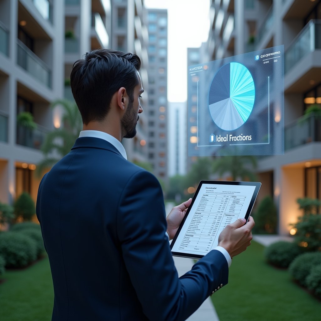 Ultra-realistic condominium manager in a navy blue suit, set in a modern luxury condominium environment with high-rise buildings and manicured green landscaping, thoughtfully examining a holographic pie chart of ideal fractions alongside a digital floor plan projection, cinematic lighting, shallow depth of field, highly detailed textures, realistic skin, photographic realism, 8k resolution --ar 1:1 --v 6