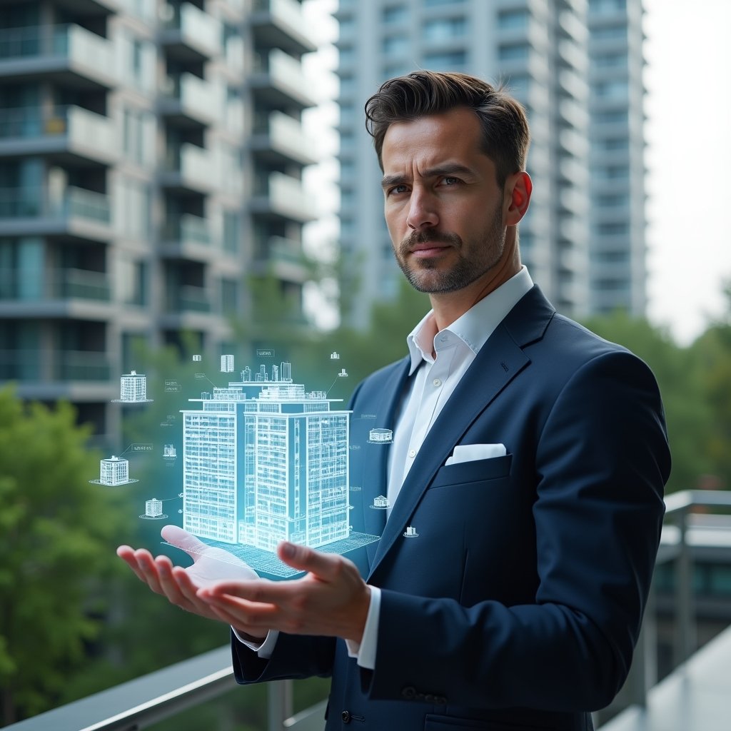 (Ultra-realistic property manager in a tailored navy suit, set in a modern luxury condominium environment with high-rise buildings and lush green landscaping, holding and analyzing a semi-transparent holographic 3D model of condominium units with fraction ideal percentages, confident and focused expression, holographic icons of percentage symbols and cost-distribution charts floating beside, cinematic lighting, shallow depth of field, highly detailed textures, realistic skin, photographic realism, 8k resolution --ar 1:1 --v 6)