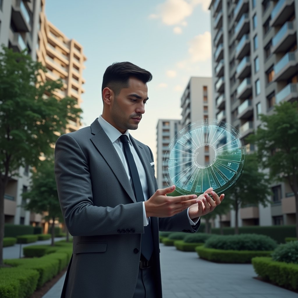 (Ultra-realistic condominium manager in a charcoal gray suit, set in a modern luxury condominium environment with high-rise buildings and lush green landscaping, examining a holographic pie chart representing unit fractions overlaid with financial icons, thoughtful expression as they calculate equitable expense shares, cinematic lighting, shallow depth of field, highly detailed textures, realistic skin, photographic realism, 8k resolution --ar 1:1 --v 6)