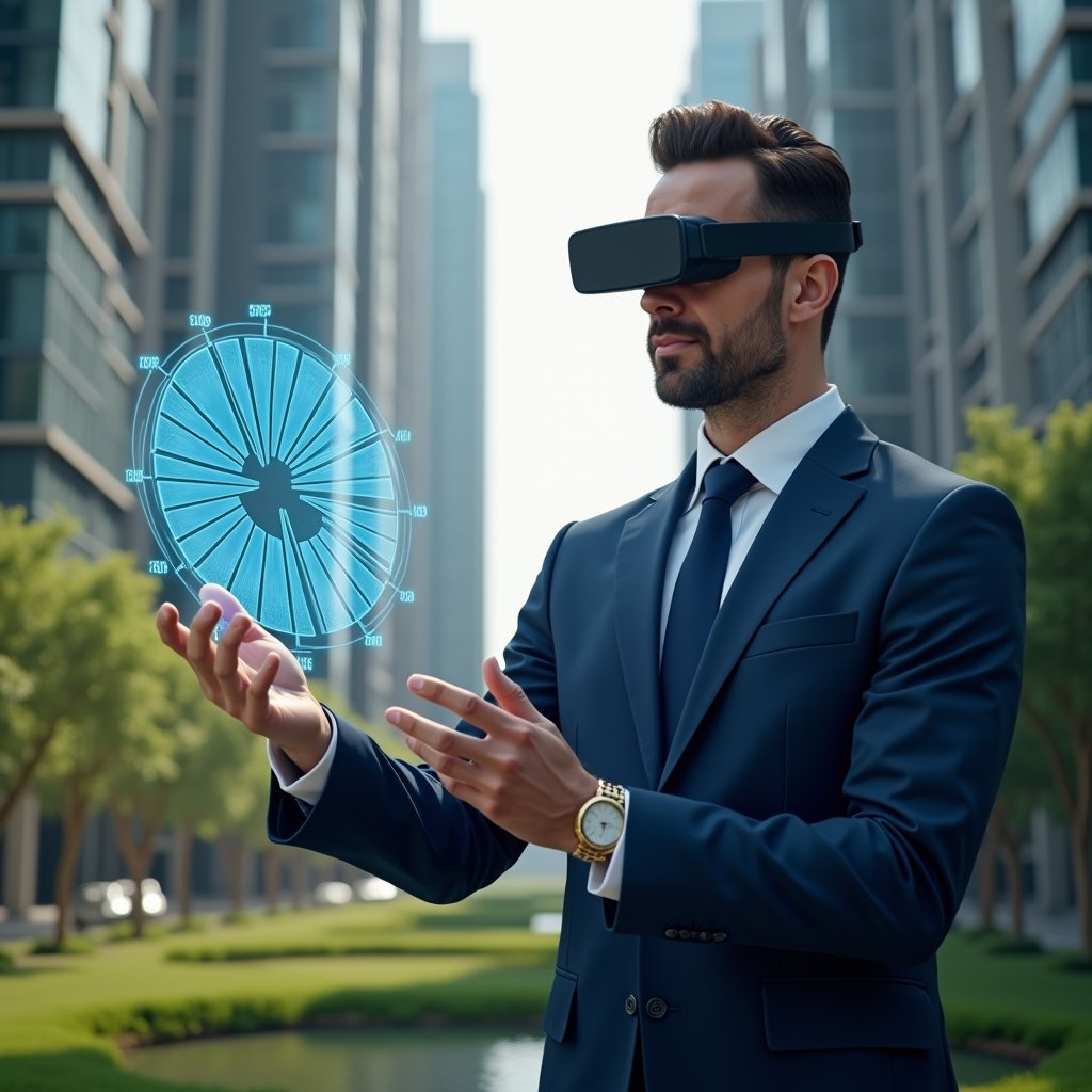 Ultra-realistic condominium manager in a navy blue suit, set in a modern luxury condominium environment with high-rise buildings and meticulously landscaped green areas, examining a holographic pie chart representing ownership fractions, confident and focused expression, cinematic lighting, shallow depth of field, highly detailed textures, realistic skin, photographic realism, 8k resolution --ar 1:1 --v 6