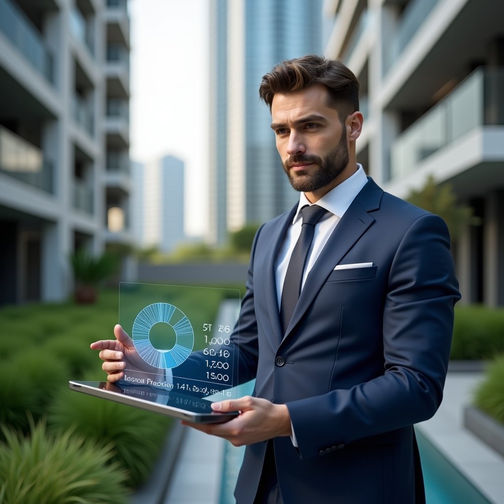 Ultra-realistic condominium manager in a navy blue suit, set in a modern luxury condominium environment with high-rise buildings and manicured green landscaping, holding a tablet displaying a holographic pie chart and numerical formula for ideal fraction calculation, looking confident and analytical, cinematic lighting, shallow depth of field, highly detailed textures, realistic skin, photographic realism, 8k resolution --ar 1:1 --v 6