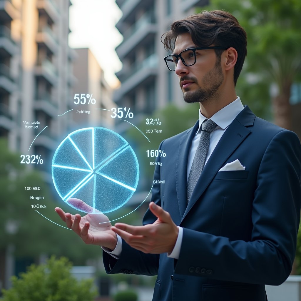 (Ultra-realistic condominium manager in a tailored navy suit, set in a modern luxury condominium environment with high-rise buildings and lush green landscaping, analyzing a holographic pie chart of fractional ownership and cota calculations with a focused, confident expression, digital percentage values floating mid-air as symbolic visual elements, cinematic lighting, shallow depth of field, highly detailed textures, realistic skin, photographic realism, 8k resolution --ar 1:1 --v 6)