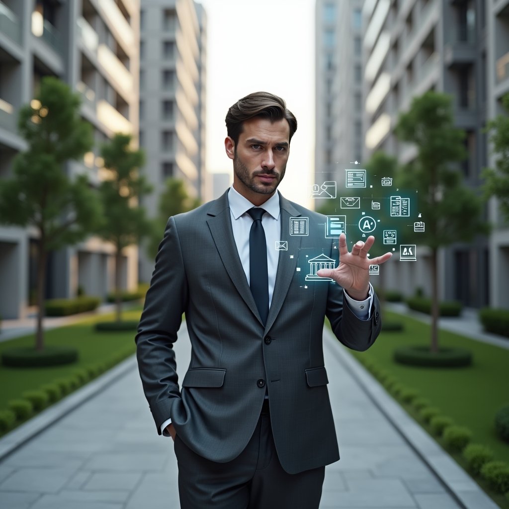 (Ultra-realistic condominium manager in a charcoal gray executive suit, set in a modern luxury condominium environment with high-rise buildings and manicured green landscaping, interacting with floating holographic icons showing invoice generation, calendar reservations, chat messages, performance charts and security alerts, confident and focused expression, cinematic lighting, shallow depth of field, highly detailed textures, realistic skin, photographic realism, 8k resolution --ar 1:1 --v 6)