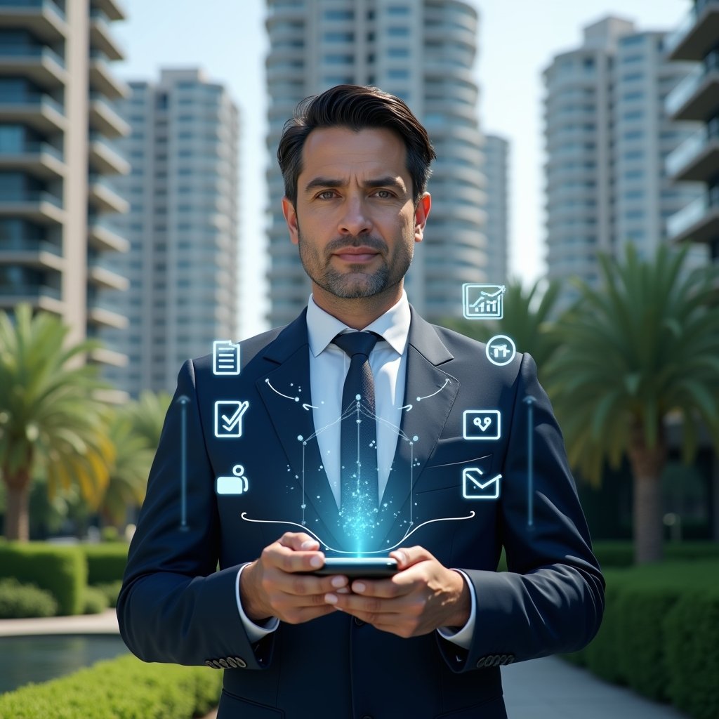 Ultra-realistic condominium manager in a navy blue executive suit, set in a modern luxury condominium environment with high-rise buildings and lush green landscaping, holding a transparent holographic smartphone interface displaying floating app icons for billing, reservations, maintenance and messaging, confident and focused expression, digital checklists and chat bubbles orbiting around, cinematic lighting, shallow depth of field, highly detailed textures, realistic skin, photographic realism, 8k resolution --ar 1:1 --v 6