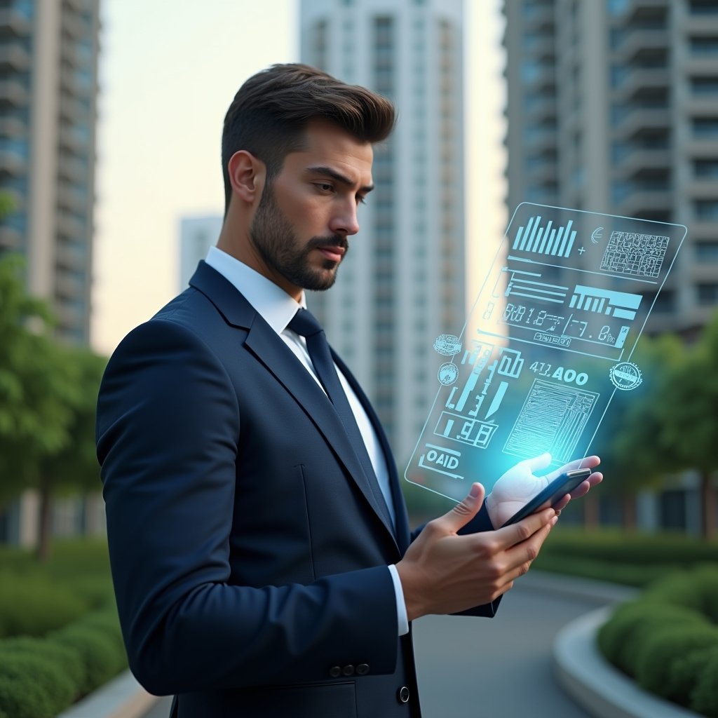 (Ultra-realistic condominium manager in a tailored navy suit, set in a modern luxury condominium environment with high-rise buildings and lush green landscaping, analyzing a floating holographic financial report with approval stamps and cost breakdown charts, confident and focused expression, cinematic lighting, shallow depth of field, highly detailed textures, realistic skin, photographic realism, 8k resolution --ar 1:1 --v 6)