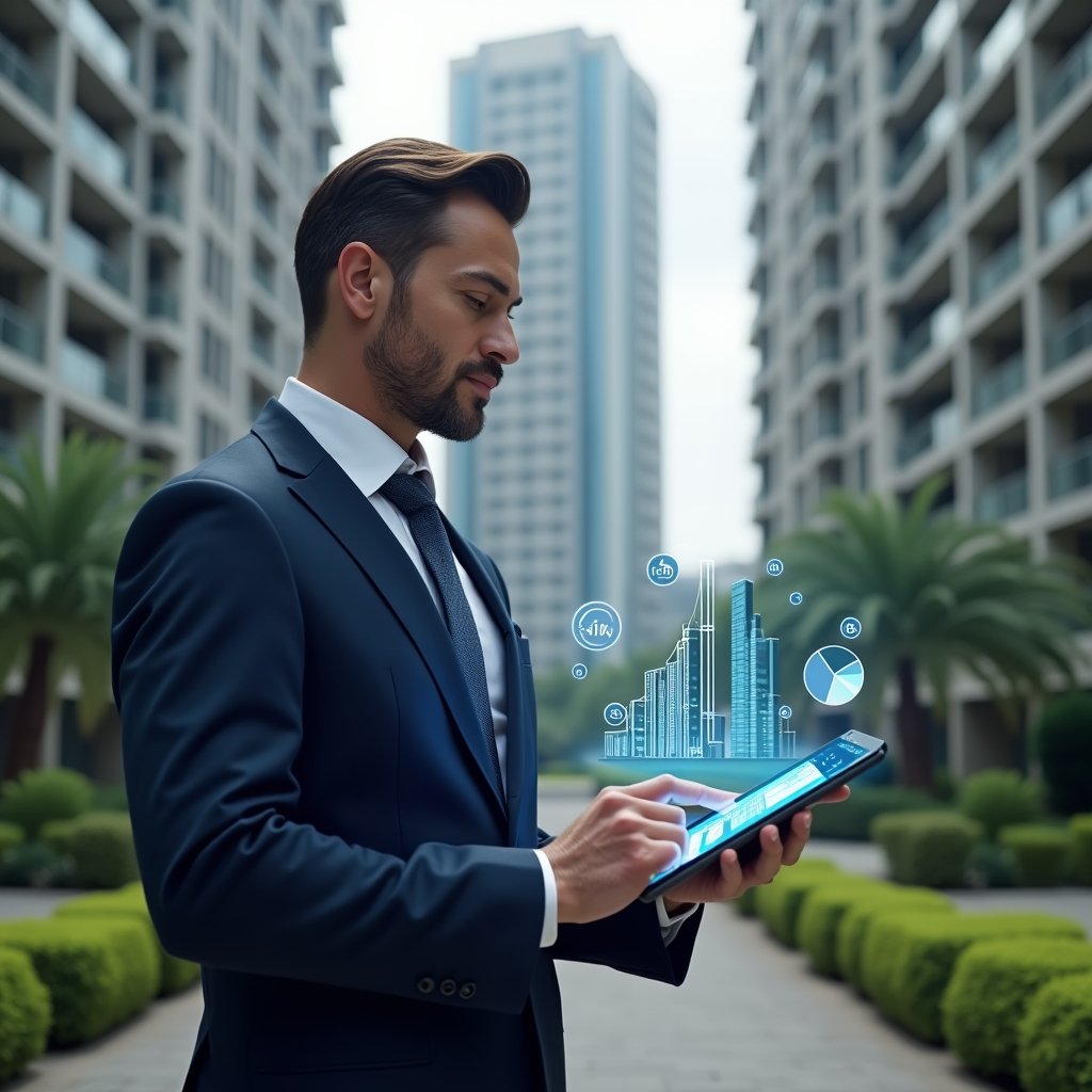 (Ultra-realistic condo manager in a navy blue tailored suit, set in a modern luxury condominium environment with high-rise buildings and meticulously manicured green landscaping, holding a digital tablet displaying a floating holographic pie chart and fractional calculations, examining the data with a thoughtful yet confident expression, holographic icons of percentage signs and building blueprints orbiting around, cinematic lighting, shallow depth of field, highly detailed textures, realistic skin, photographic realism, 8k resolution --ar 1:1 --v 6)
