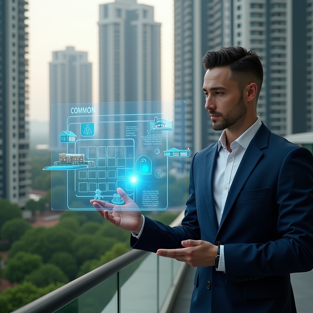 (Ultra-realistic condo manager in a tailored navy suit, set in a modern luxury condominium environment with high-rise buildings and manicured greenery, medium shot of a confident professional interacting with a floating holographic reservation calendar for common areas, glowing blue hologram icons of a clubhouse and swimming pool, cinematic lighting, shallow depth of field, highly detailed textures, realistic skin, photographic realism, 8k resolution --ar 1:1 --v 6)