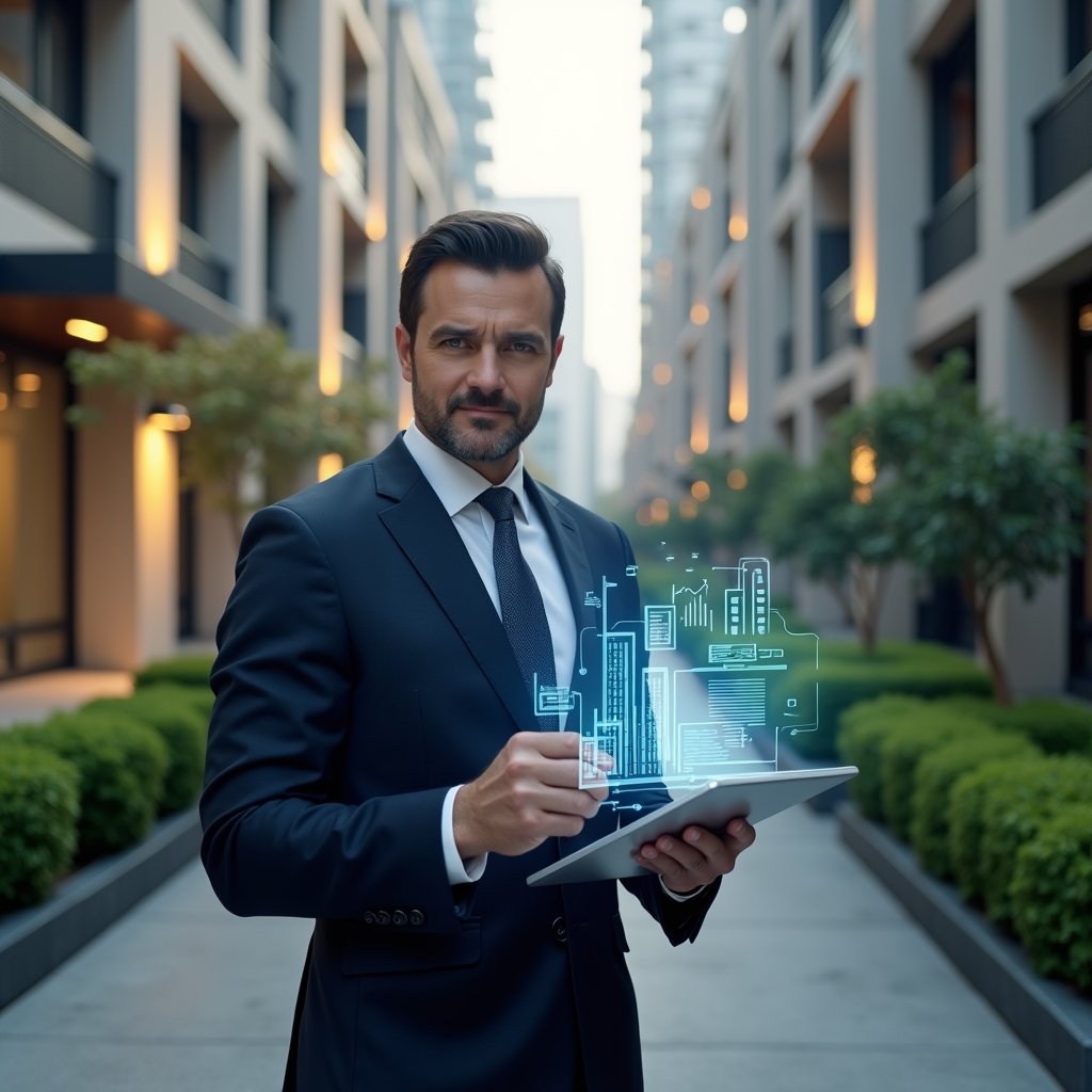 (Ultra-realistic condominium manager in a dark navy suit, set in a modern luxury condominium environment with high-rise buildings and manicured green landscaping, holding a digital tablet displaying holographic charts and icons of building management, confident and focused expression, floating holographic symbols of maintenance schedules and financial reports, cinematic lighting, shallow depth of field, highly detailed textures, realistic skin, photographic realism, 8k resolution --ar 1:1 --v 6)