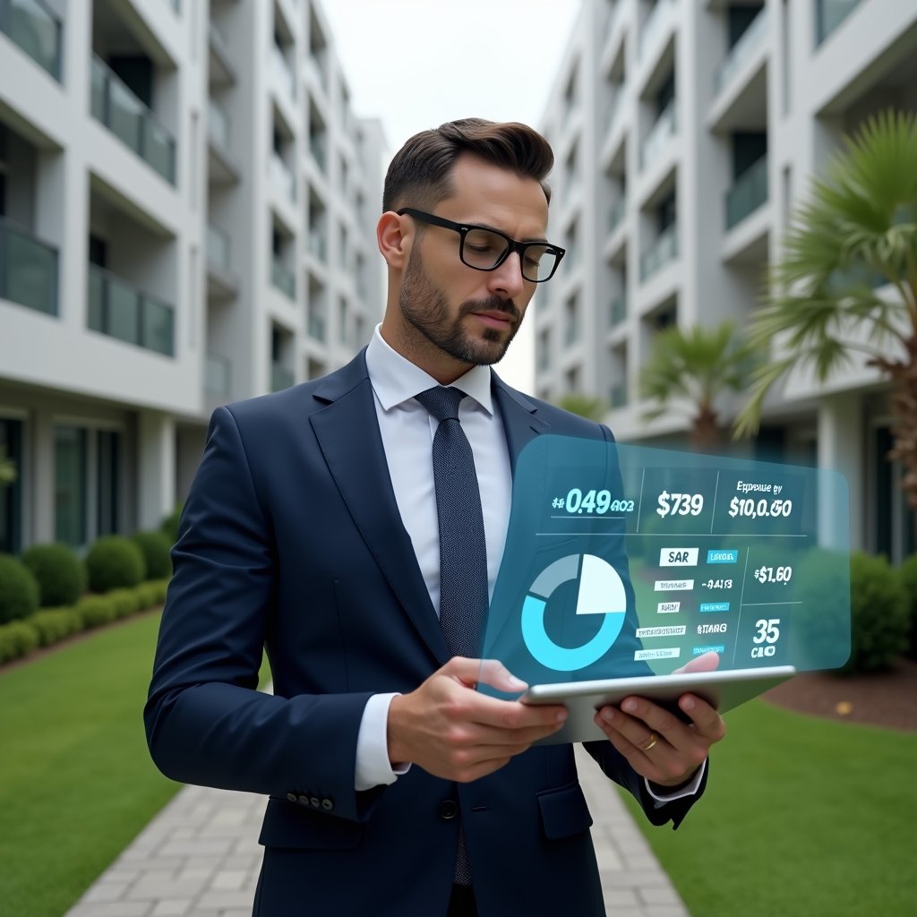 (Ultra-realistic condominium manager in a tailored navy suit, set in a modern luxury condominium environment with high-rise buildings and manicured green lawns, holding a tablet displaying a holographic pie chart and expense icons, reviewing financial data with a confident, analytical expression, cinematic lighting, shallow depth of field, highly detailed textures, realistic skin, photographic realism, 8k resolution --ar 1:1 --v 6)