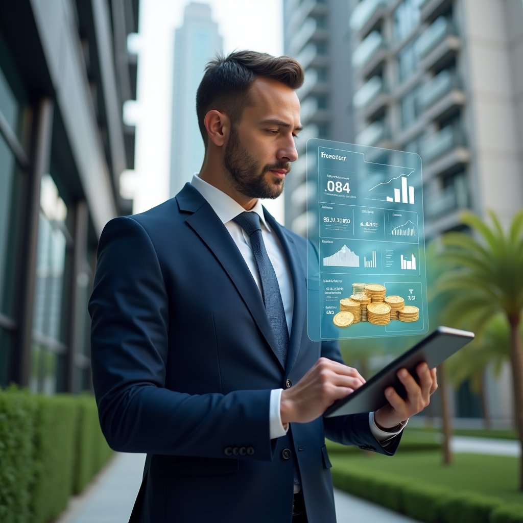 (Ultra-realistic condominium manager in a navy blue tailored suit, set in a modern luxury condominium environment with high-rise buildings and manicured green landscaping, analyzing a holographic financial dashboard displaying expense charts and budget forecasts, holding a sleek tablet with floating icons of coins and ledgers, confident and focused expression, cinematic lighting, shallow depth of field, highly detailed textures, realistic skin, photographic realism, 8k resolution --ar 1:1 --v 6)
