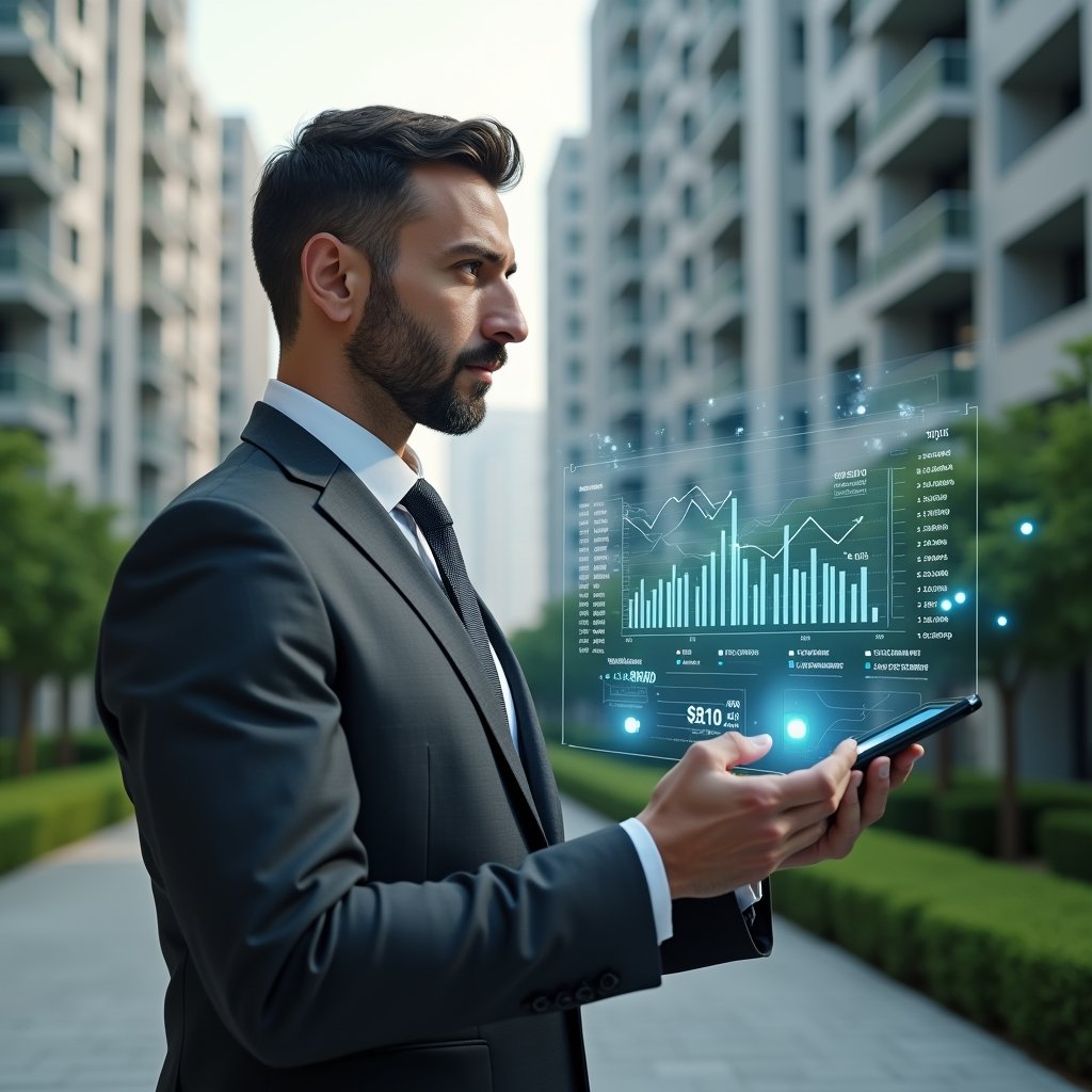 Ultra-realistic condominium manager in a charcoal gray executive suit, set in a modern luxury condominium environment with high-rise buildings and manicured green landscaping, medium shot of a confident professional analyzing holographic financial charts projected from a tablet, floating icons of invoices and budget graphs around them, cinematic lighting, shallow depth of field, highly detailed textures, realistic skin, photographic realism, 8k resolution --ar 1:1 --v 6