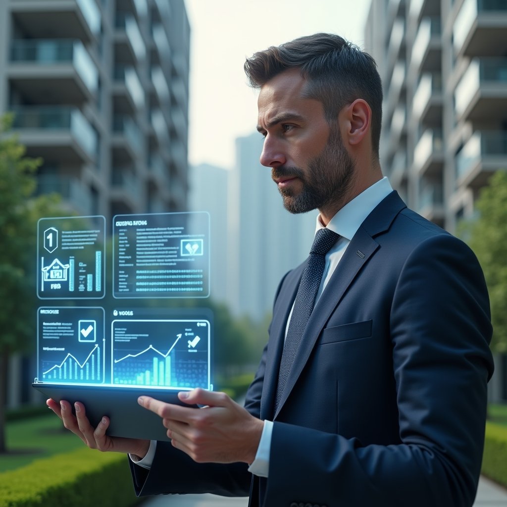 (Ultra-realistic property manager in a dark blue tailored suit, set in a modern luxury condominium environment with high-rise buildings and manicured green gardens, reviewing transparent holographic financial reports and assembly vote icons projected in front of them, thoughtful and confident expression, cinematic lighting, shallow depth of field, highly detailed textures, realistic skin, photographic realism, 8k resolution --ar 1:1 --v 6)