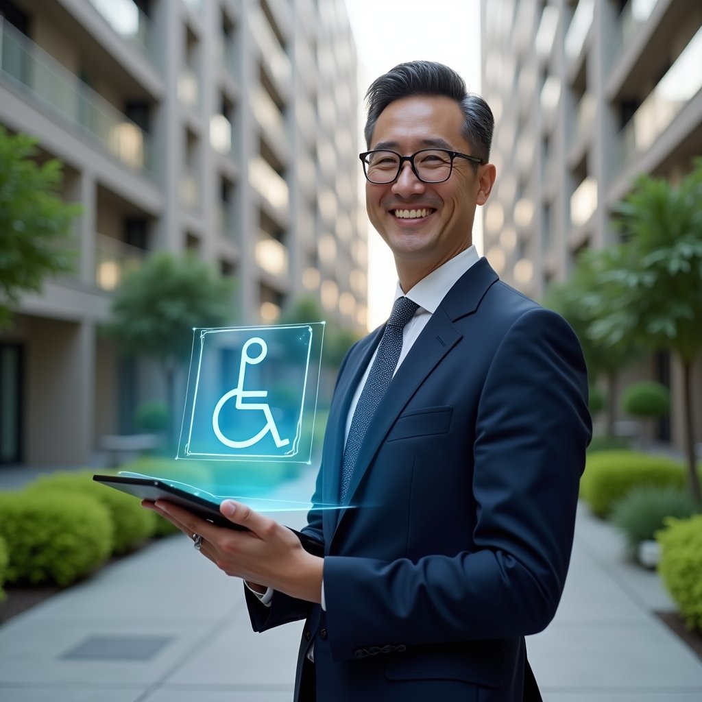 (Ultra-realistic condominium manager in a tailored navy suit, set in a modern luxury condominium environment with high-rise buildings and lush green landscaping, holding a tablet displaying a holographic accessibility ramp and wheelchair icon, smiling confidently as they present inclusive design solutions, cinematic lighting, shallow depth of field, highly detailed textures, realistic skin, photographic realism, 8k resolution --ar 1:1 --v 6)