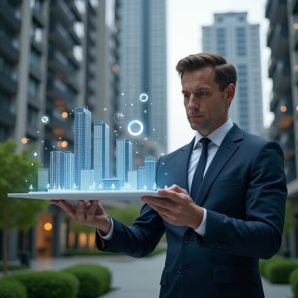 Ultra-realistic condominium manager in a tailored navy suit, set in a modern luxury condominium environment with high-rise buildings and manicured green landscaping, analyzing a floating holographic 3D building model with percentage overlays and a glowing fractional pie chart, focused and confident expression, cinematic lighting, shallow depth of field, highly detailed textures, realistic skin, photographic realism, 8k resolution --ar 1:1 --v 6