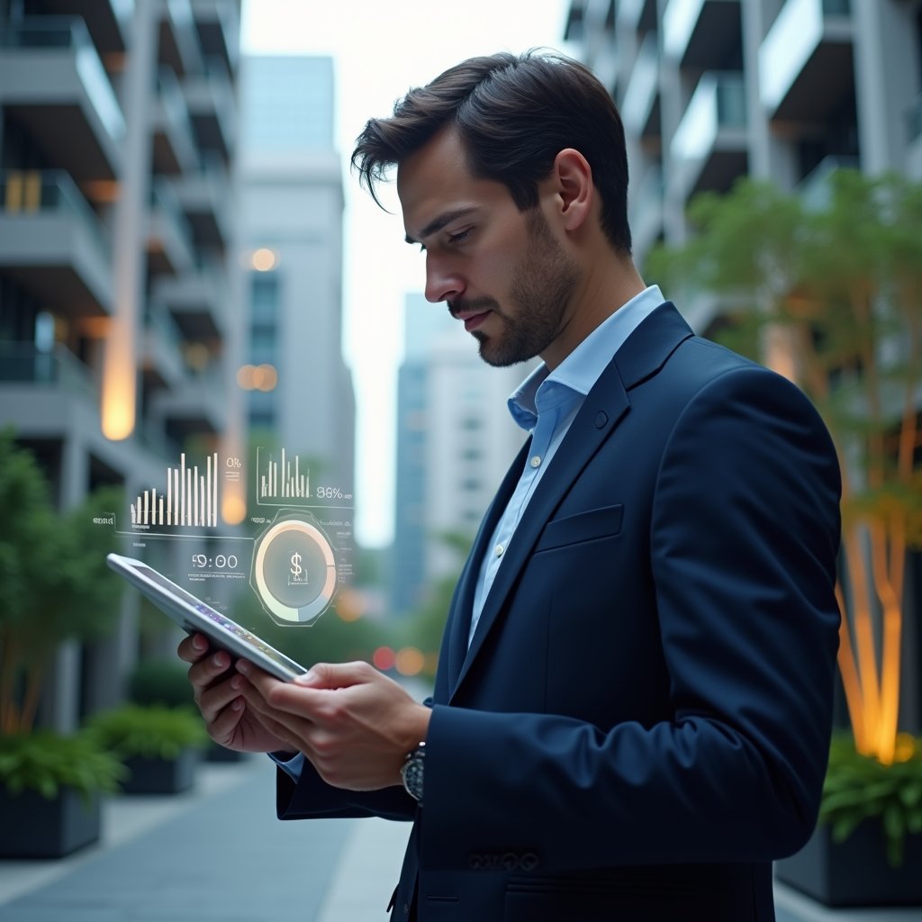 Ultra-realistic condominium manager in a navy suit, set in a modern luxury condominium environment with high-rise buildings and green landscaping, close-up of a focused professional reviewing holographic financial charts on a transparent tablet, subtle holographic icons of bar graphs and pie charts floating around, cinematic lighting, shallow depth of field, highly detailed textures, realistic skin, photographic realism, 8k resolution --ar 1:1 --v 6