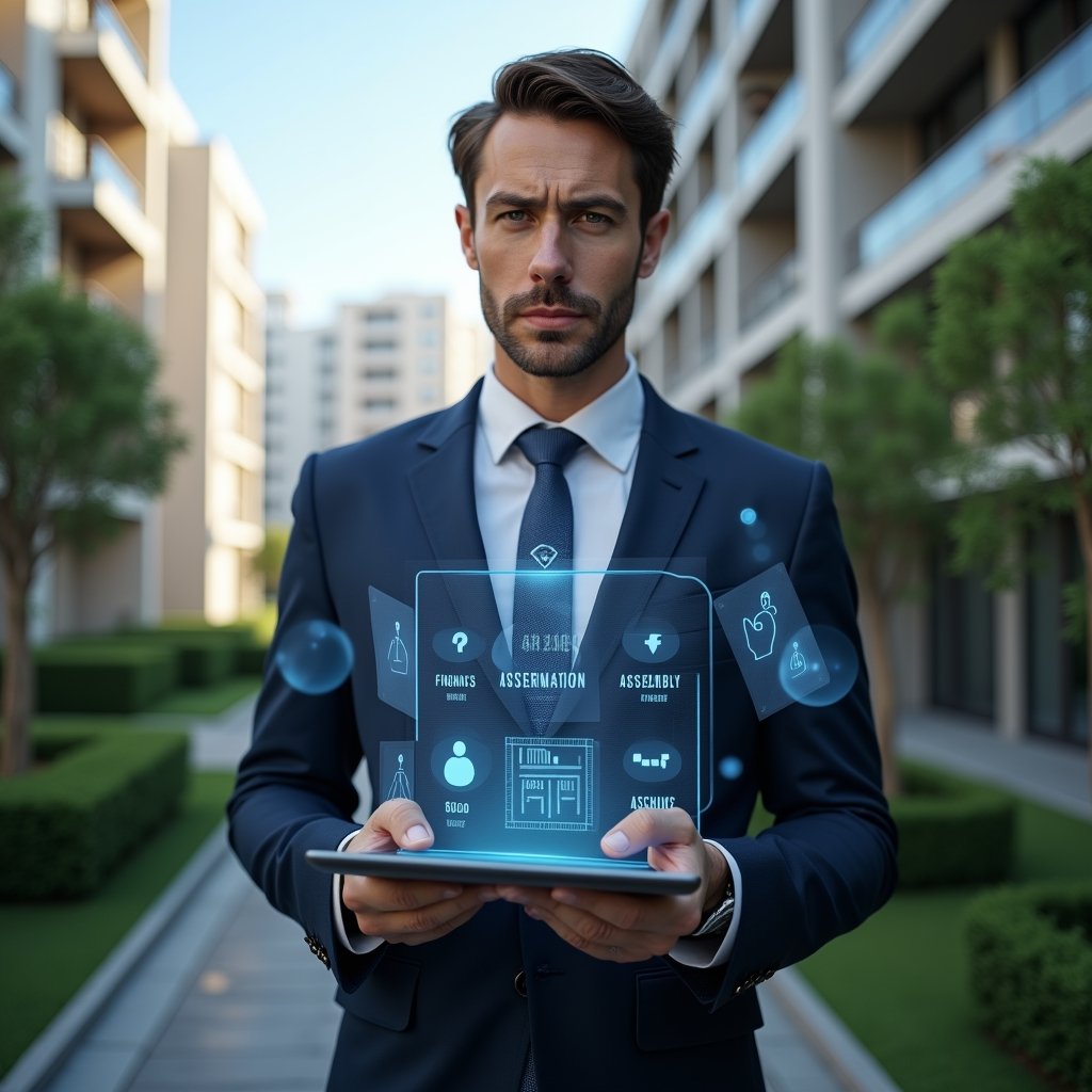 Ultra-realistic condominium manager in a dark blue suit, set in a modern luxury condominium environment with high-rise buildings and manicured green landscaping, holding a digital tablet displaying holographic financial charts and assembly agendas, looking confident and focused, with floating icons of meeting gavel and community figures, cinematic lighting, shallow depth of field, highly detailed textures, realistic skin, photographic realism, 8k resolution --ar 1:1 --v 6