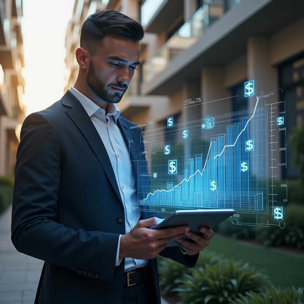 (Ultra-realistic condominium manager in a dark navy suit, set in a modern luxury condominium environment with high-rise buildings and meticulously landscaped gardens, holding a tablet and analyzing a holographic financial chart displaying ordinary and extraordinary expense breakdowns alongside floating dollar icons, confident and focused expression, cinematic lighting, shallow depth of field, highly detailed textures, realistic skin, photographic realism, 8k resolution --ar 1:1 --v 6)