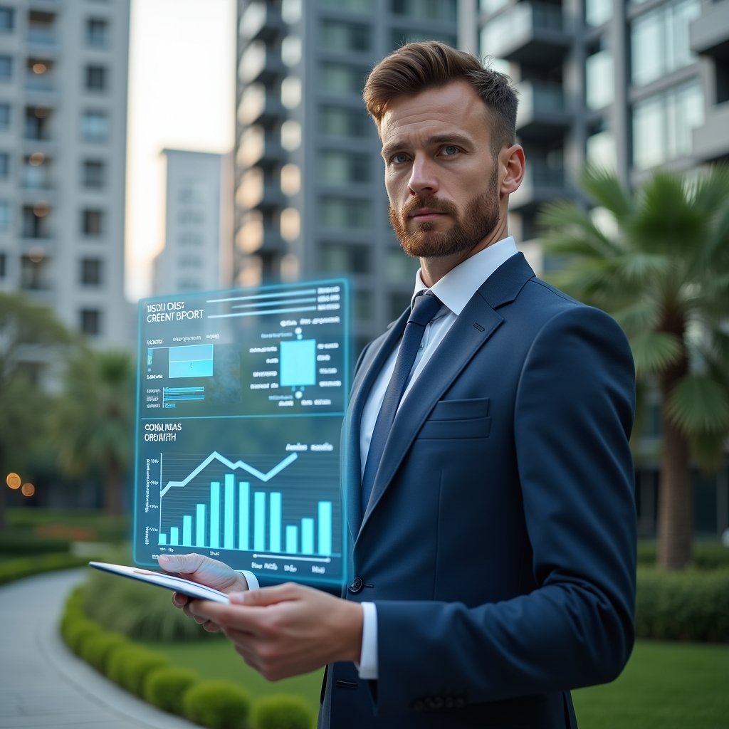 (Ultra-realistic condominium manager in a tailored navy blue suit, set in a modern luxury condominium environment with high-rise buildings and manicured green landscaping, mid-shot presenting a translucent holographic financial report with charts and graphs, analytical and confident expression, cinematic lighting, shallow depth of field, highly detailed textures, realistic skin, photographic realism, 8k resolution --ar 1:1 --v 6)