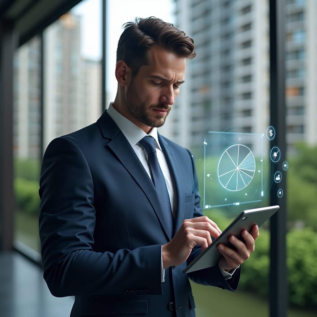 Ultra-realistic condominium manager in a navy executive suit, set in a modern luxury condominium environment with high-rise buildings and lush green landscaping, analyzing a holographic pie chart representing fraction ideal cost distribution, floating financial icons around the tablet, confident and analytical expression, cinematic lighting, shallow depth of field, highly detailed textures, realistic skin, photographic realism, 8k resolution --ar 1:1 --v 6