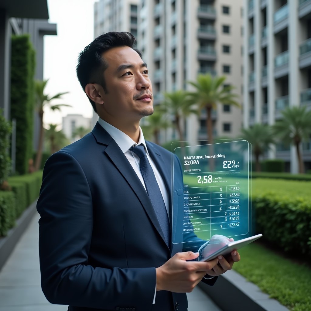 (Ultra-realistic condominium manager in a navy executive suit, set in a modern luxury condominium environment with high-rise buildings and lush green landscaping, holding a digital tablet displaying a holographic budget breakdown of ordinary and extraordinary expenses, thoughtful and confident expression, cinematic lighting, shallow depth of field, highly detailed textures, realistic skin, photographic realism, 8k resolution --ar 1:1 --v 6)