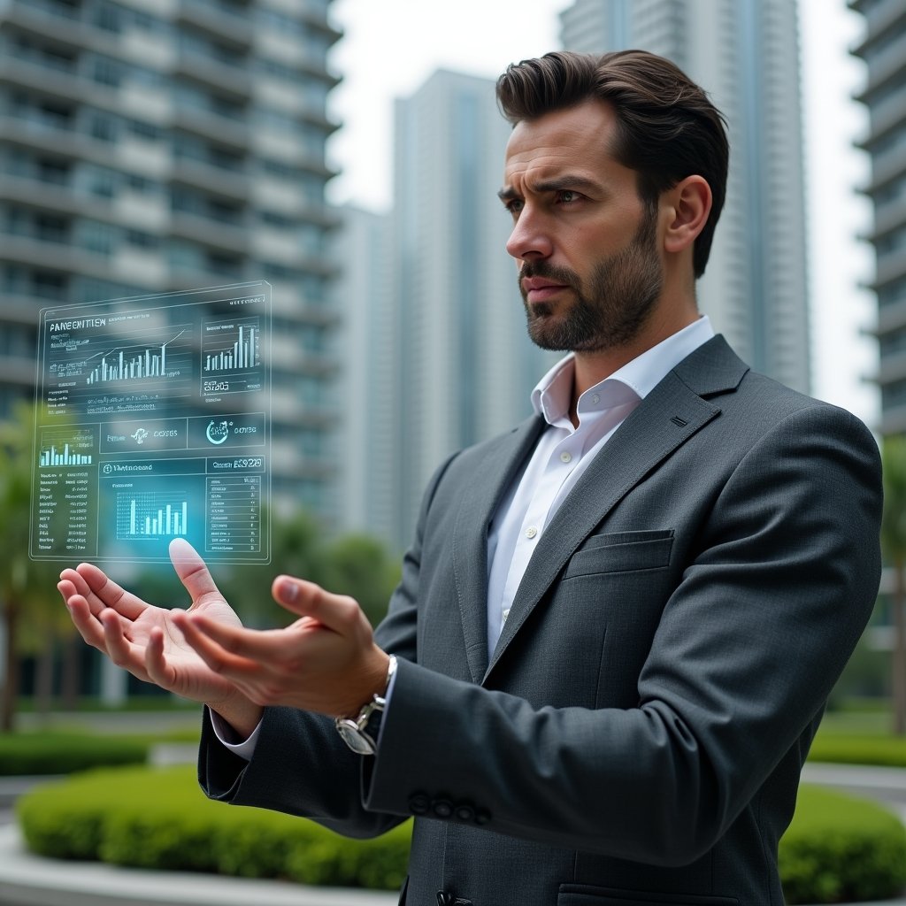 (Ultra-realistic property manager in a charcoal gray tailored suit, set in a modern luxury condominium environment with high-rise buildings and manicured green landscaping, holding and examining a floating holographic dashboard of financial metrics, holographic icons representing charts and percentages hovering around his hand, confident and focused expression, cinematic lighting, shallow depth of field, highly detailed textures, realistic skin, photographic realism, 8k resolution --ar 1:1 --v 6)