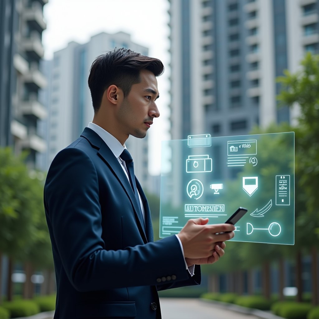 Ultra-realistic condominium manager in a navy executive suit, set in a modern luxury condominium environment with high-rise buildings and well-kept green landscaping, analyzing a floating holographic interface showing automation icons, surveillance camera feeds, and chat bubbles, confident expression, cinematic lighting, shallow depth of field, highly detailed textures, realistic skin, photographic realism, 8k resolution --ar 1:1 --v 6