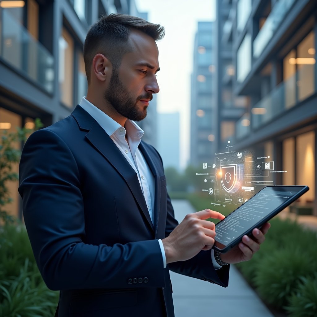 Ultra-realistic condominium manager in a tailored navy suit, set in a modern luxury condominium environment with high-rise buildings and lush green landscaping, examining a digital tablet displaying a holographic building maintenance schedule, pointing thoughtfully at a glowing wrench-and-shield icon symbolizing preventive care, cinematic lighting, shallow depth of field, highly detailed textures, realistic skin, photographic realism, 8k resolution --ar 1:1 --v 6