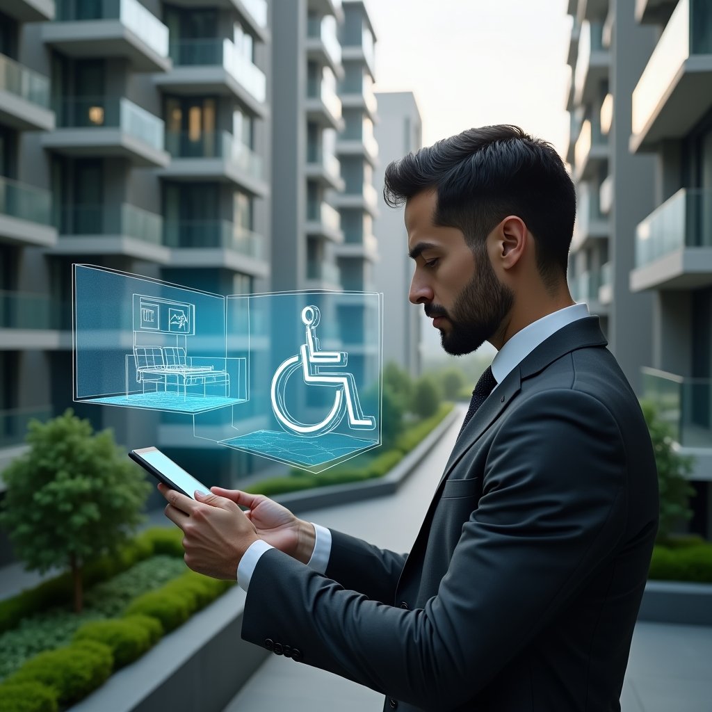 Ultra-realistic condominium manager in a dark gray suit, set in a modern luxury condominium environment with high-rise buildings and manicured green landscaping, thoughtfully reviewing a holographic accessibility blueprint projected from a tablet, a translucent wheelchair icon and ramp schematics floating beside them, cinematic lighting, shallow depth of field, highly detailed textures, realistic skin, photographic realism, 8k resolution --ar 1:1 --v 6