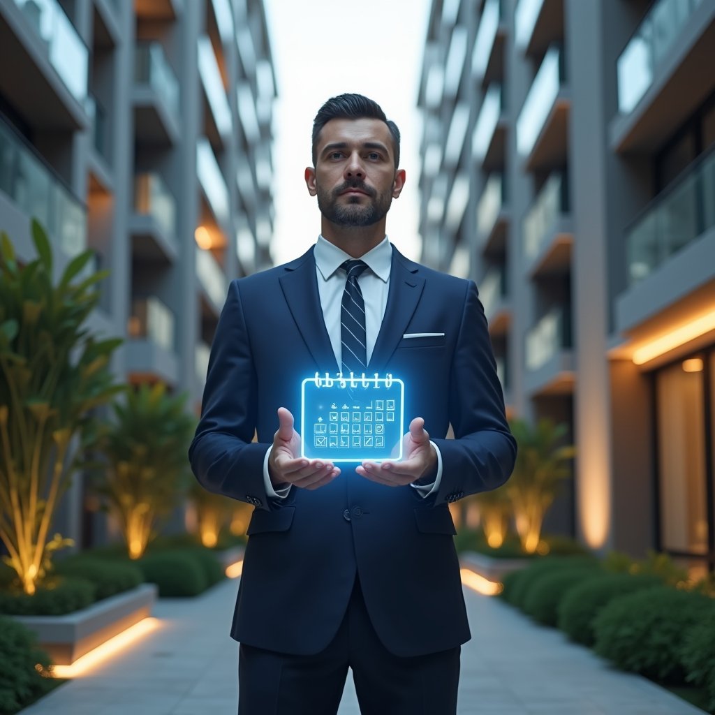 (Ultra-realistic condominium manager in a tailored navy suit, set in a modern luxury condominium environment with high-rise buildings and meticulously landscaped gardens, presenting a glowing holographic calendar with checkmarks in front of them, symbolizing an optimized maintenance schedule, cinematic lighting, shallow depth of field, highly detailed textures, realistic skin, photographic realism, 8k resolution --ar 1:1 --v 6)