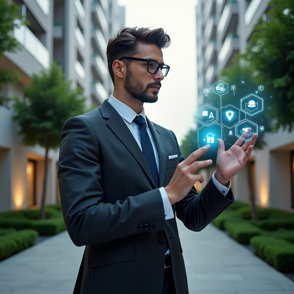 Ultra-realistic condominium manager in a dark gray tailored suit, set in a modern luxury condominium environment with high-rise buildings and manicured green landscaping, interacting with a floating holographic digital dashboard displaying analytics, security and finance icons, confident and focused expression, cinematic lighting, shallow depth of field, highly detailed textures, realistic skin, photographic realism, 8k resolution --ar 1:1 --v 6