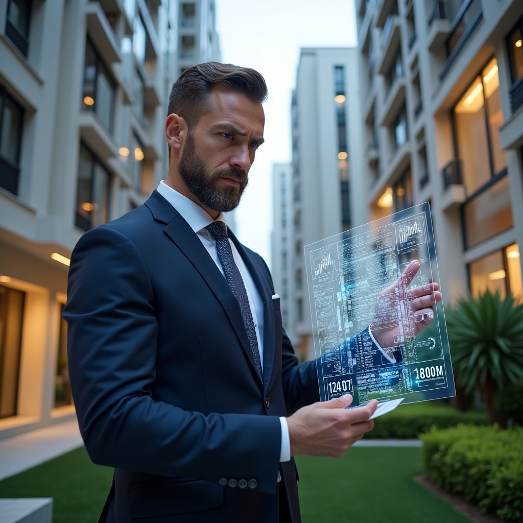 (Ultra-realistic condominium manager in a tailored navy suit, set in a modern luxury condominium environment with high-rise buildings and manicured green landscaping, analyzing a holographic floor-plan overlay showing fractional percentage charts, confident and focused expression, cinematic lighting, shallow depth of field, highly detailed textures, realistic skin, photographic realism, 8k resolution --ar 1:1 --v 6)