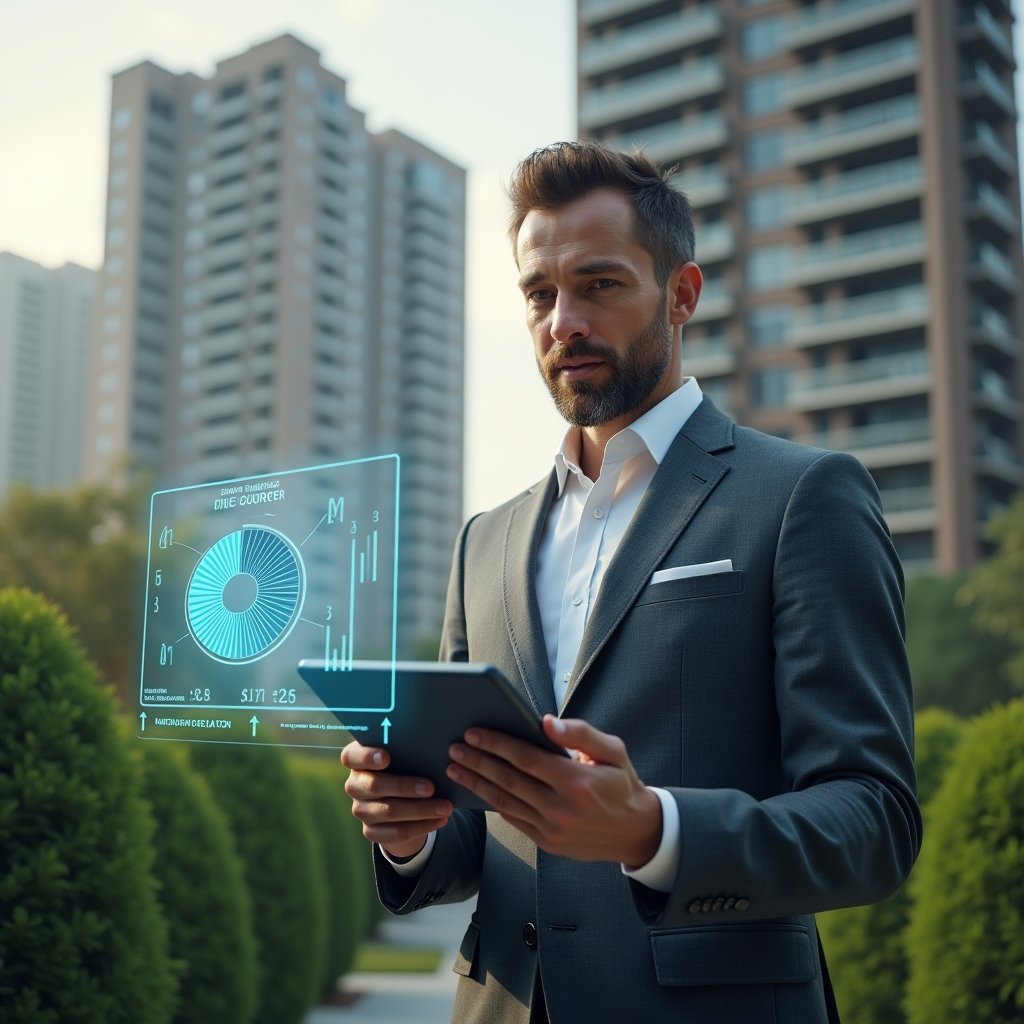 Ultra-realistic condominium manager in a tailored charcoal gray suit, set in a modern luxury condominium environment with high-rise buildings and manicured green landscaping, examining a floating holographic pie chart of expense breakdowns with a thoughtful expression, holding a digital ledger tablet, cinematic lighting, shallow depth of field, highly detailed textures, realistic skin, photographic realism, 8k resolution --ar 1:1 --v 6