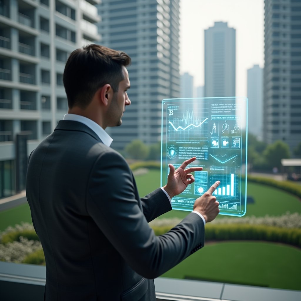 Ultra-realistic condominium manager in a charcoal gray suit, set in a modern luxury condominium environment with high-rise buildings and manicured green landscaping, presenting a holographic financial report with glowing charts and graphs, confidently pointing at key figures, cinematic lighting, shallow depth of field, highly detailed textures, realistic skin, photographic realism, 8k resolution --ar 1:1 --v 6