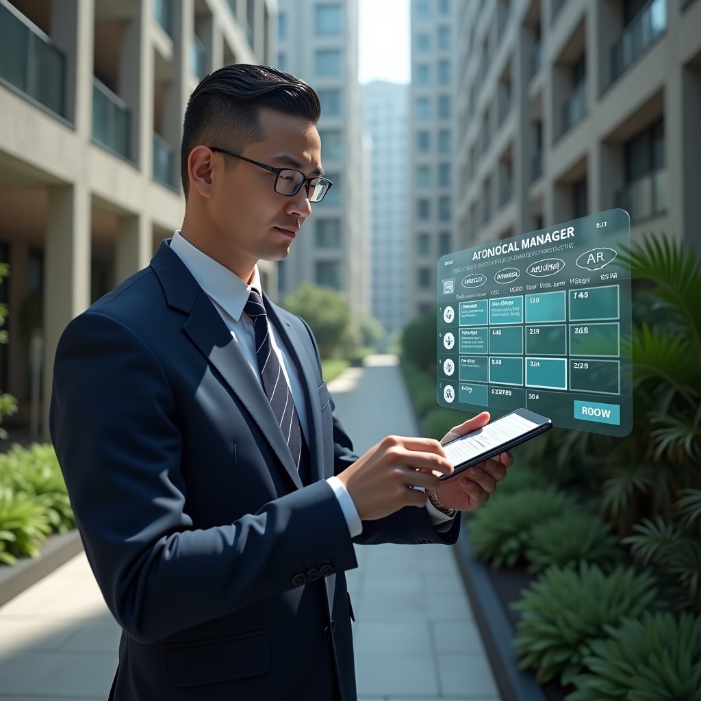 Ultra-realistic condominium manager in a navy suit, set in a modern luxury condominium environment with high-rise buildings and meticulously landscaped gardens, examining a floating digital calendar hologram with maintenance, assembly and billing icons, confident and focused expression, cinematic lighting, shallow depth of field, highly detailed textures, realistic skin, photographic realism, 8k resolution --ar 1:1 --v 6