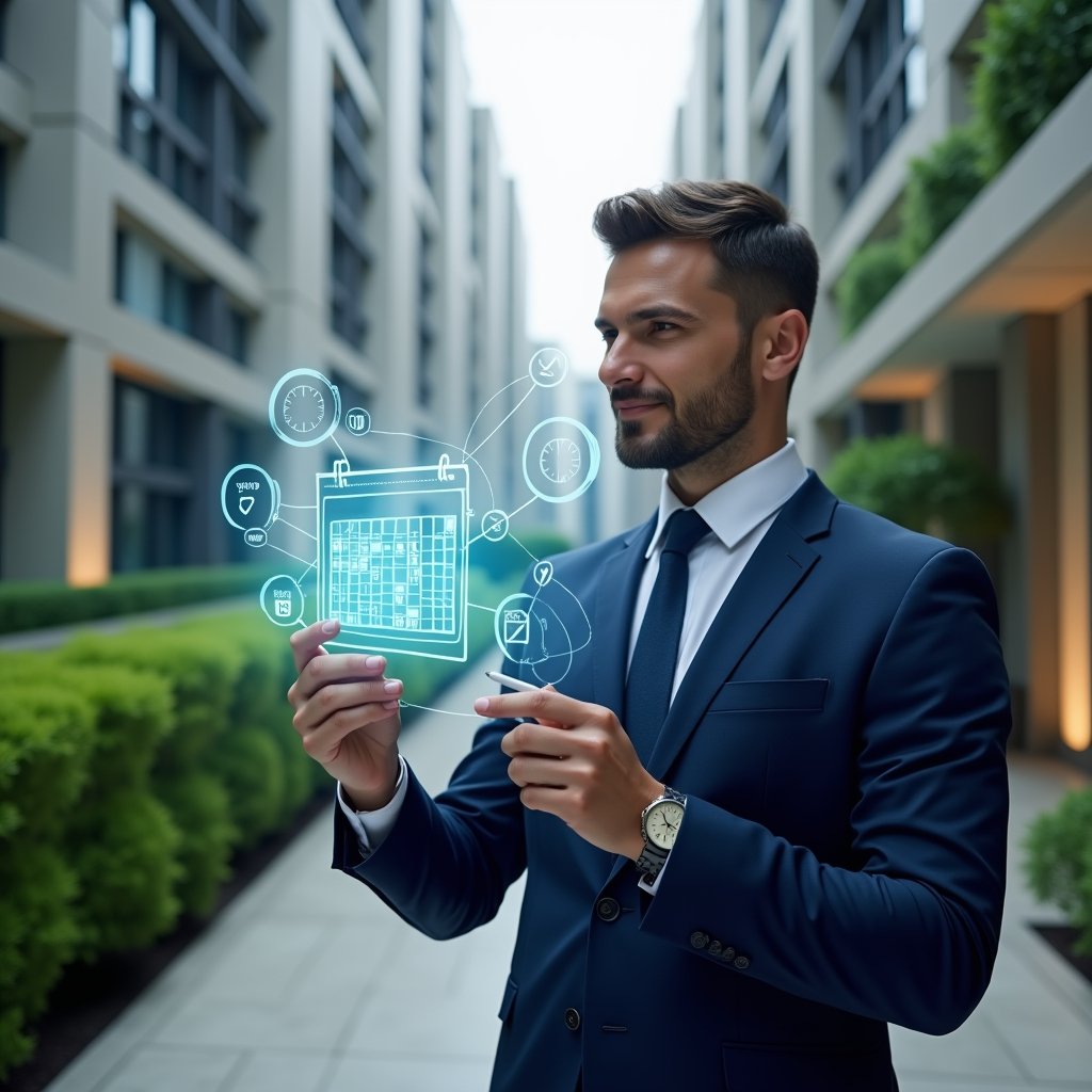 Ultra-realistic condominium manager in a navy blue suit, set in a modern luxury condominium environment with high-rise buildings and manicured green landscaping, holding a transparent holographic calendar and stylus while reviewing a digital task schedule with a confident and focused expression, floating icons of clocks and checkmarks around the hologram symbolizing efficient planning and transparency, cinematic lighting, shallow depth of field, highly detailed textures, realistic skin, photographic realism, 8k resolution --ar 1:1 --v 6