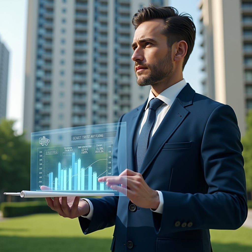 (Ultra-realistic condominium manager in a navy-blue tailored suit, set in a modern luxury condominium environment with high-rise buildings and manicured green landscaping, holding a semi-transparent holographic financial chart displaying budget forecasts and reserve fund projections, thoughtful and confident expression, a floating piggy bank icon and blueprint roll symbolizing emergency works budgeting, cinematic lighting, shallow depth of field, highly detailed textures, realistic skin, photographic realism, 8k resolution --ar 1:1 --v 6)