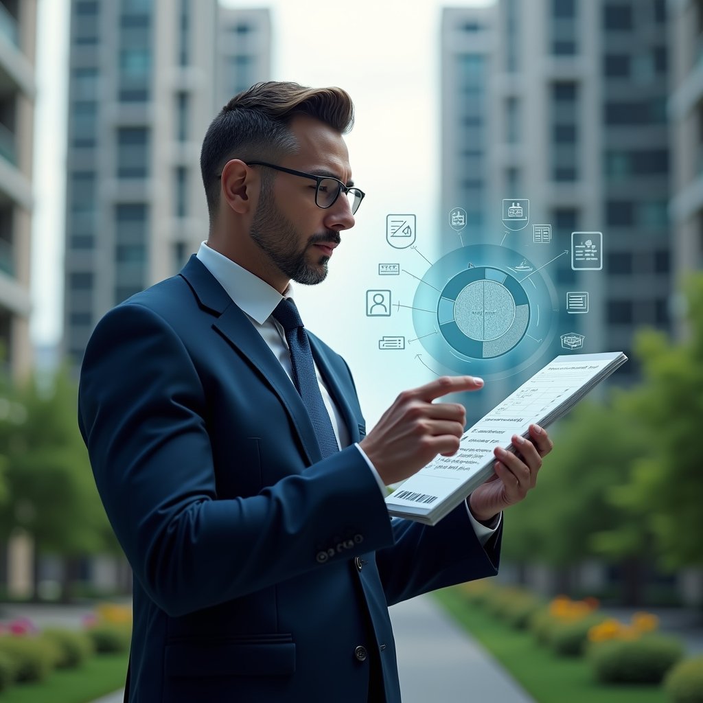 (Ultra-realistic condominium manager in a navy blue suit, set in a modern luxury condominium environment with high-rise buildings and manicured green landscaping, examining a holographic pie chart of unit fractions and cost allocation with a confident, analytical expression, floating icons of currency and ledger symbols around, cinematic lighting, shallow depth of field, highly detailed textures, realistic skin, photographic realism, 8k resolution --ar 1:1 --v 6)