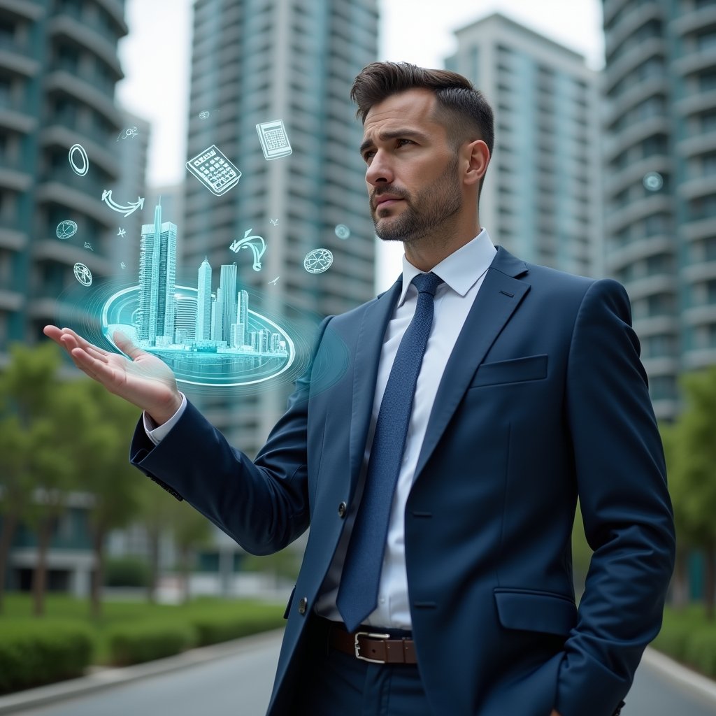 Ultra-realistic condominium manager in a navy blue executive suit, set in a modern luxury condominium environment with high-rise buildings and green landscaping, standing in a medium shot reviewing a holographic financial pie chart displaying fractional percentages, holographic icons of buildings and calculator symbols floating around, confident and thoughtful expression, cinematic lighting, shallow depth of field, highly detailed textures, realistic skin, photographic realism, 8k resolution --ar 1:1 --v 6