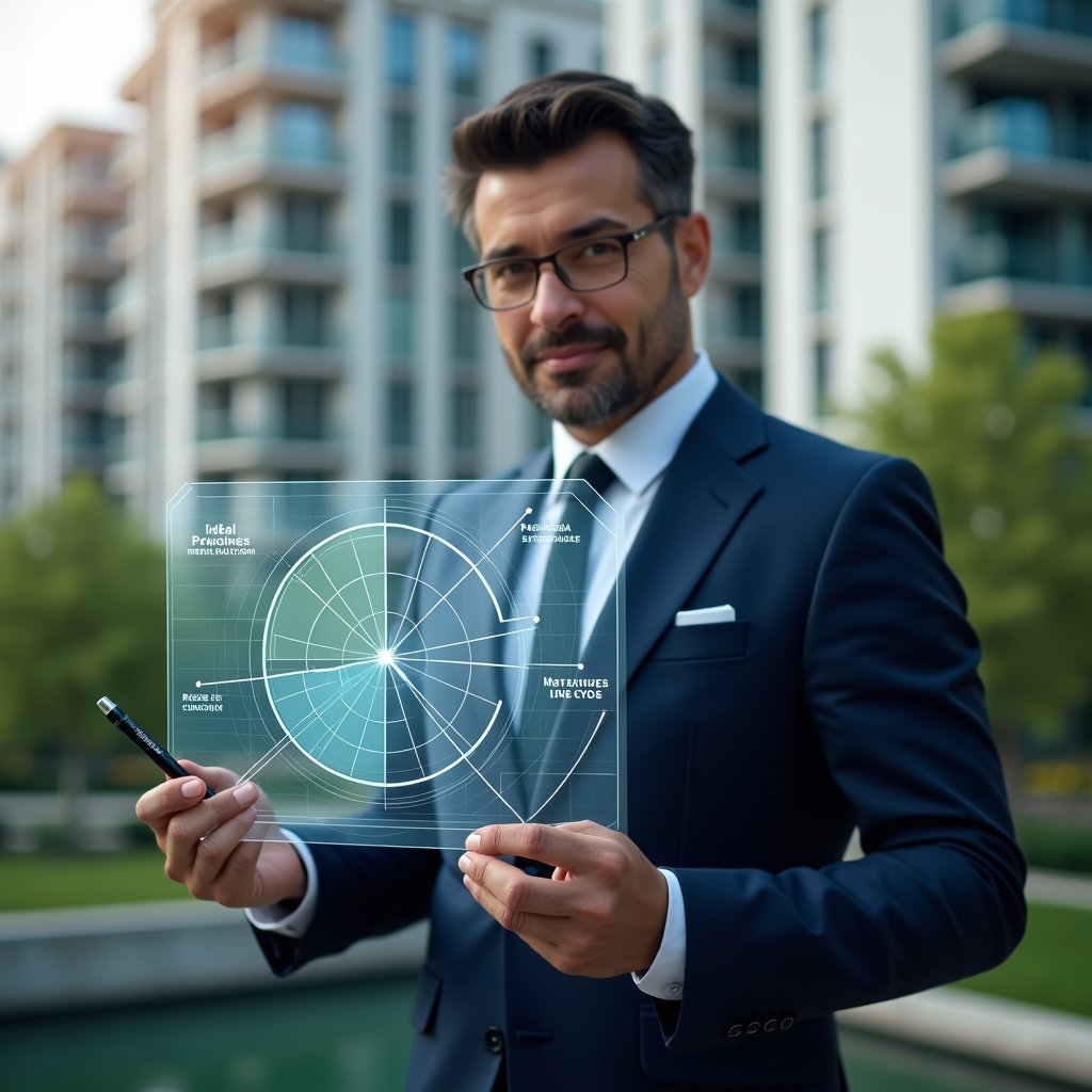 Ultra-realistic condominium manager in a navy executive suit, set in a modern luxury condominium environment with high-rise buildings and lush green landscaping, holding a transparent holographic pie chart representing ideal fraction calculations, pointing at a highlighted segment with a sleek stylus, expression focused and confident, cinematic lighting, shallow depth of field, highly detailed textures, realistic skin, photographic realism, 8k resolution --ar 1:1 --v 6